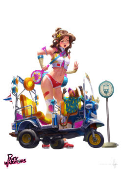 1girl animal bag banana_print bandaid bandaid_on_face bandaid_on_nose bare_shoulders black_gloves blue_shirt blush bow bow_panties breasts brown_eyes brown_hair cigarette commentary copyright_name crop_top duffel_bag english_text fingerless_gloves flower food_print fruit_print full_body gloves hair_flower hair_ornament high_ponytail highres knee_pads midriff monkey motor_vehicle navel no_pants open_mouth original panties panty_warriors photoshop_(medium) ponytail realistic red_footwear red_panties scooter shirt sign signature simple_background sleeveless sleeveless_shirt small_breasts squinting standing star_(symbol) sunglasses thai_flag thailand three-wheeler thumbs_up tuk-tuk underwear vehicle watermark web_address wen_juinn white_background zipper