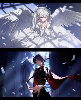 Rule 34 | 1boy, 1girl, alternate costume, angel wings, arm up, artist request, black jacket, black ribbon, black suit, blue background, blue eyes, blue hair, blurry, blurry background, capelet, closed mouth, collared jacket, commission, couple, dappled sunlight, demon horns, depth of field, dress, earrings, eyeliner, feathered wings, feathers, floating, formal clothes, frilled dress, frilled sleeves, frills, from above, from below, from side, genshin impact, hair between eyes, hair ribbon, halo, hands up, highres, horns, indoors, jacket, jewelry, long dress, long hair, long sleeves, looking down, makeup, motion blur, multicolored background, neck ribbon, oc x canon, on ground, original, own hands together, reaching, reaching towards viewer, red capelet, red eyeliner, red eyes, red horns, ribbon, scaramouche (genshin impact), second-party source, shade, shadow, short hair, single earring, sitting, small horns, standing, statue, suit, suit jacket, sunlight, twintails, white dress, white feathers, white hair, white ribbon, window, window shadow, wings