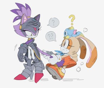 2girls ? ?? absurdres animal_ears armor blaze_the_cat brown_eyes cat_ears cat_girl cat_tail cheese_(sonic) cream_the_rabbit dress eyelashes furry furry_female high_heels highres looking_at_another looking_back multiple_girls percival_(sonic) pulling pulling_tail purple_fur rabbit_ears rabbit_girl sonic_(series) spoken_question_mark tail unneul yellow_eyes