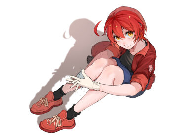 Rule 34 | 1girl, ae-3803, ahoge, belt pouch, black shirt, black socks, blue shorts, breasts, brown eyes, chinese commentary, closed mouth, collarbone, commentary, denim, denim shorts, eyelashes, fanny pack, from above, full body, gloves, hair between eyes, hat, hataraku saibou, highres, interlocked fingers, jacket, knees up, looking at viewer, looking up, medium breasts, newsboy cap, on ground, open clothes, open jacket, pouch, raised eyebrows, red blood cell (hataraku saibou), red hair, red hat, red jacket, red shoes, rougui (he fengyu), shadow, shirt, shoes, short-sleeved jacket, short hair, short sleeves, shorts, simple background, sitting, smile, sneakers, socks, solo, steepled fingers, t-shirt, unworn hat, unworn headwear, upturned eyes, very short hair, white background, white gloves