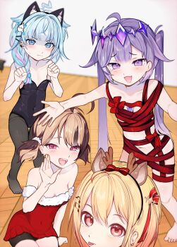 Rule 34 | 4girls, :d, antlers, bare shoulders, barefoot, bike shorts, blonde hair, blue eyes, blue hair, braid, brown hair, covered navel, dress, fake antlers, ffi1ffi1, flat chest, fortissimo, fur trim, gem, gigi murin, hair ornament, highres, hololive, hololive dev is, hololive english, horns, koseki bijou, leotard, looking at viewer, mizumiya su, multicolored hair, multiple girls, musical note, musical note hair ornament, naked ribbon, navel, open mouth, otonose kanade, pantyhose, pink hair, purple eyes, purple hair, red eyes, reindeer antlers, ribbon, santa costume, santa dress, smile, streaked hair, sweatdrop, tongue, tongue out, twintails