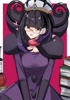 1girl absurdres black_hair blunt_bangs blush bob_cut book book_stack breasts collarbone cosplay dress glasses gloves gradient_hair gwynn_(pokemon) hat heart highres kairi0w0 long_sleeves looking_at_viewer medium_breasts mega_stone multicolored_hair nintendo open_mouth pokemon pokemon_bw pokemon_legends:_z-a purple_dress purple_eyes purple_hair shauntal_(pokemon) shauntal_(pokemon)_(cosplay) solo sweat