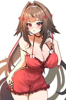 1girl :o alternate_costume animal_ears bare_shoulders breasts brown_hair cleavage commentary english_commentary fox_ears fox_girl highres jirafuru large_breasts long_hair looking_at_viewer nightgown red_eyes red_nightgown simple_background solo strap_slip thighs very_long_hair white_background ye_shunguang zenless_zone_zero