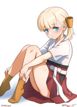 1girl blonde_hair blue_eyes blunt_bangs commentary_request dougi hair_ornament hakama hakama_skirt japanese_clothes kantai_collection kimono long_hair looking_at_viewer one-hour_drawing_challenge orange_socks ray.s red_hakama shin'you_(kancolle) side_ponytail simple_background skirt socks solo white_background white_kimono
