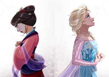 2girls azuma_lan black_hair blonde_hair blue_dress blue_eyes braid chinese_clothes clenched_hands company_connection disney disney_princess dress earrings elsa_(frozen) fa_mulan_(disney) facepaint frown frozen_(disney) hair_bun hair_ornament hanfu highres jewelry juxtaposition lipstick long_hair looking_down looking_up makeup mulan_(movie) multiple_girls own_hands_clasped own_hands_together pink_hanfu purple_shawl red_lips shawl single_braid smile waistband
