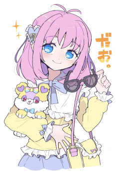 1girl amauri_miruki antenna_hair bag blue_bow blue_eyes blue_skirt blush bow closed_mouth commentary_request cropped_legs hair_ornament hand_up hanitan hanitan_(bear) heart heart_hair_ornament highres holding holding_removed_eyewear holding_stuffed_toy long_sleeves looking_at_viewer nojima_minami pink_hair pretty_series shirt short_hair shoulder_bag simple_background skirt smile sparkle standing stuffed_animal stuffed_toy sunglasses teddy_bear translation_request unworn_eyewear waccha_primagi! white_background yellow_bag yellow_shirt