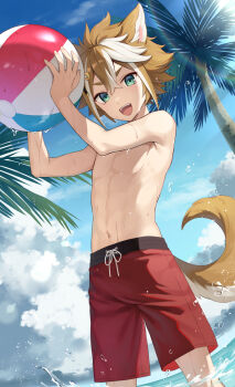 1boy animal_ears ball beachball brown_hair brown_tail commentary_request dog_boy dog_ears fangs genshin_impact gorou_(genshin_impact) green_eyes highres holding holding_ball holding_beachball iroiro_0w0 male_focus male_swimwear multicolored_hair no_nipples open_mouth outdoors red_male_swimwear solo streaked_hair swim_trunks tail topless_male white_hair