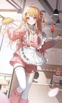 Rule 34 | 1girl, absurdres, ahoge, closed mouth, cup, drinking glass, emduck, falling petals, food, fortissimo, hair ornament, hands up, hashtag-only commentary, highres, hololive, hololive dev is, indoors, jersey maid, leg warmers, long hair, long sleeves, looking at viewer, maid, maid headdress, musical note, musical note hair ornament, omelet, otonose kanade, petals, pink leg warmers, plate, puddle, shirt, shorts, solo, standing, thigh strap, thighhighs, unconventional maid, virtual youtuber, white shirt, white thighhighs