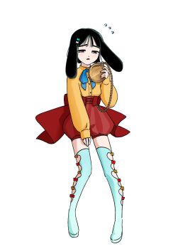 1girl alice&#039;s_adventures_in_wonderland alien_stage animal_ears black_hair blue_bow blue_bowtie boots bow bowtie commentary corset cosplay english_commentary floppy_ears flying_sweatdrops full_body highres holding holding_pocket_watch long_sleeves mirdilean pocket_watch puffy_shorts rabbit_ears rabbit_girl red_corset red_shorts shirt short_hair shorts solo sua_(alien_stage) thigh_boots watch white_boots white_rabbit_(alice_in_wonderland) white_rabbit_(alice_in_wonderland)_(cosplay) yellow_shirt