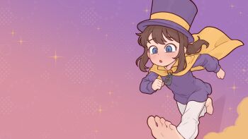 1girl a_hat_in_time barefoot blue_eyes brown_hair cape casytay commentary english_commentary flat_chest hat hat_kid highres long_sleeves open_mouth pants ponytail purple_hat purple_shirt running shirt soles solo toes top_hat variant_set white_pants yellow_cape