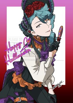 1boy 99akt1031 absurdres alternate_costume aqua_hair black_gloves black_pants bonnet bow bright_pupils candy food gloves hand_up happy_halloween heart highres holding lollipop long_hair long_sleeves looking_at_viewer male_focus multicolored_eyes nintendo pants pokemon pokemon_(anime) pokemon_horizons red_bow shirt solo spinel_(pokemon) tongue tongue_out twitter_username watermark white_pupils