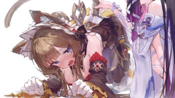 Rule 34 | 2girls, absurdres, all fours, animal ear fluff, animal ears, blue eyes, breasts, brown dress, brown hair, cat ears, cat tail, columbina (genshin impact), commentary request, detached sleeves, dress, genshin impact, gloves, highres, large breasts, long hair, looking at another, medium breasts, multiple girls, purple hair, sandrone (genshin impact), squatting, tail, white gloves, yu hydra