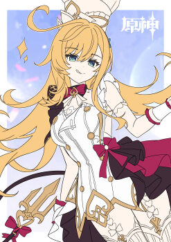 1girl :q absurdres blonde_hair blue_eyes bow breasts chef_hat chinese_commentary commentary_request dress escoffier_(genshin_impact) garter_straps genshin_impact green_eyes hasana hat highres holding long_hair looking_at_viewer medium_breasts smile solo sparkle tail thighhighs tongue tongue_out unfinished weapon white_dress white_thighhighs wrist_cuffs