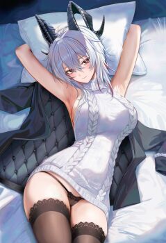 1girl adapted_costume ahoge armpits arms_up bed black_horns black_jacket black_panties black_thighhighs blush closed_mouth commentary curled_horns from_above grey_sweater hair_between_eyes horns jacket long_hair looking_at_viewer lying mole mole_under_eye multicolored_hair on_back on_bed paid_reward_available panties pillow red_eyes ru_zhai smile solo streaked_hair sweater symbol-only_commentary thighhighs thighs underwear wuthering_waves zani_(downtown_repose)_(wuthering_waves) zani_(wuthering_waves)