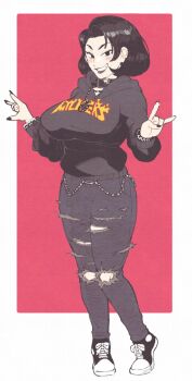 1girl abigail_shapiro alternate_costume black_collar black_eyeshadow black_hair black_hoodie black_lips black_nails black_shoes brand_name_imitation breasts collar commentary commission converse denim ear_piercing english_commentary eyeshadow fingernails full_body goth_fashion grin hexagram highres hood hood_down hoodie inkerton-kun jeans jewelry knees_together_feet_apart large_breasts lipstick logo_parody long_fingernails long_sleeves looking_at_viewer makeup multiple_piercings nail_polish necklace pants piercing print_hoodie real_life second-party_source shaka_sign shoes short_hair smile solo standing star_of_david thrasher_magazine tiptoes torn_clothes torn_jeans torn_pants wallet_chain