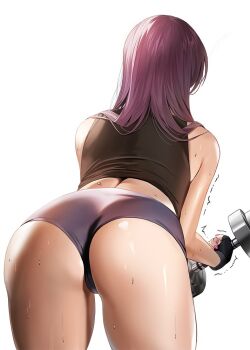 1girl ass bent_over damda dumbbell exercising fate/grand_order fate_(series) female_focus from_behind long_hair motion_lines purple_hair scathach_(fate) short_shorts shorts simple_background solo sweat thighs trembling very_long_hair weightlifting white_background