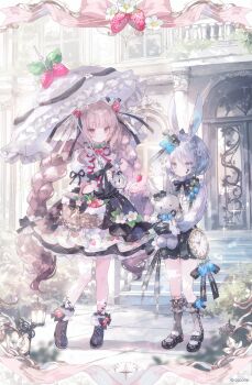 Rule 34 | 2girls, absurdres, animal ears, basket, black boots, black gloves, black shoes, black shorts, black skirt, blue eyes, boots, braid, brown hair, building, clock, commentary request, copyright request, crown braid, day, door, flower, food, frilled umbrella, frills, fruit, gloves, grey hair, grey socks, hair between eyes, highres, holding, holding stuffed toy, holding umbrella, lantern, long hair, long sleeves, multiple girls, onineko, outdoors, puffy long sleeves, puffy short sleeves, puffy sleeves, rabbit ears, red eyes, roman numeral, shirt, shoes, short sleeves, shorts, skirt, sleeves past wrists, socks, stairs, strawberry, strawberry blossoms, stuffed animal, stuffed rabbit, stuffed toy, suspender shorts, suspenders, twin braids, twintails, umbrella, very long hair, white flower, white shirt, white umbrella, window, wrist cuffs