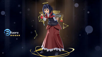 1girl absurdres artist_name black_footwear black_hair blue_hair bob_cut buttons capelet character_name collared_shirt frilled_skirt frills full_body genshin_impact halo highres inverted_bob jitome long_skirt medium_hair nagase_kaoru parody potion potion-danomi_de_ikinobimasu! raven_(user_wxen7542) red_skirt shirt skirt smug solo star_(symbol) triangle vial watermark wings