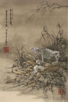 Rule 34 | 1other, arm support, bone, branch, calligraphy brush (medium), chinese text, clenched teeth, colored sclera, demon, exposed muscle, fine art parody, firexit, foliage, full body, gundam, highres, hunched over, ink wash painting, looking ahead, monster, nude, on ground, parody, ribs, rock, ruins, rx-78-2 gundam, seal impression, sepia, signature, sitting, skeleton, teeth, traditional chinese text, traditional media, traditional youkai, translation request, yellow background, yellow eyes, yellow sclera