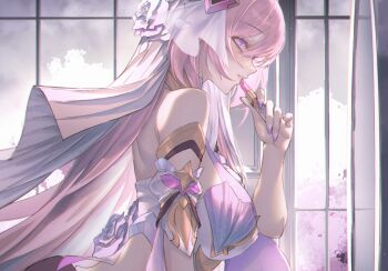 Rule 34 | 1girl, absurdres, armpit crease, back, bare shoulders, breasts, bridal veil, clothing cutout, cosmetics, diamond-shaped pupils, diamond (shape), elysia (herrscher of human: ego) (honkai impact), elysia (honkai impact), flower, glowing pupils, hair ornament, highres, holding, holding lipstick tube, honkai (series), honkai impact 3rd, large breasts, light blush, lipstick tube, looking at mirror, mirror, nail polish, neon (pixiv 31150749), parted lips, pink eyes, pink hair, pink lips, pink lipstick tube, pink pupils, profile, purple nails, rose, side cutout, smile, solo, symbol-shaped pupils, upper body, veil, white flower, white rose