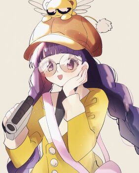 Rule 34 | 1girl, blush, cardcaptor sakura, child, daidouji tomoyo, hand on own chest, highres, kero, open mouth, pink bag, purple eyes, purple hair, simple background, suna (hanahanaamika), sunglasses, video camera, white wings, wings