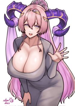 1girl artist_name blush breasts cleavage collarbone commentary curled_horns dongtan_dress dress english_commentary fire_emblem fire_emblem_heroes grey_dress hand_on_own_thigh high_ponytail highres horns huge_breasts leaning_forward long_hair long_sleeves looking_at_viewer multicolored_eyes multicolored_horns nerthuz_(fire_emblem) nintendo open_mouth pink_eyes pink_hair ponytail purple_horns rotomdocs simple_background smile solo teeth tiara two-tone_eyes two-tone_horns upper_teeth_only waving white_background yellow_eyes yellow_horns