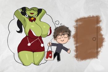 1boy 1girl breasts cleavage door dress female_goblin goblin grimgrim highres imagining large_breasts original red_dress santa_costume santa_dress short_dress shortstack sketch smile