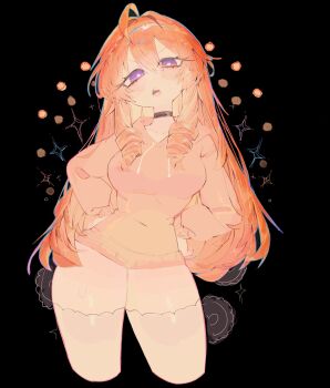 1girl ahoge black_choker blush breasts bright_pupils choker commentary commission double-parted_bangs drill_hair english_commentary hair_between_eyes hands_on_own_hips highres hood hood_down hoodie large_breasts long_hair long_sleeves looking_at_viewer open_mouth orange_hair orange_hoodie original purple_eyes solo thighhighs thighs twin_drills usa37107692 v-shaped_eyebrows white_background white_pupils white_thighhighs