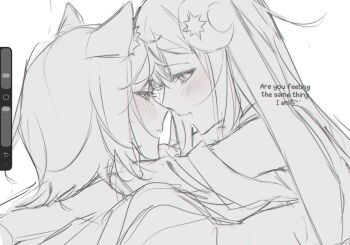 1nuyaki 2girls animal_ears arms_around_neck art_program_in_frame blush chou_kaguya-hime! chromatic_aberration commentary crescent crescent_hair_ornament english_commentary english_text fox_ears greyscale hair_ornament highres iroha_sakayori kaguya_(chou_kaguya-hime!) looking_at_another monochrome multiple_girls open_mouth rabbit_ears smile sweat yuri