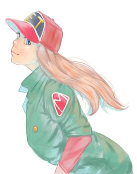 1girl a_ichiro blue_eyes closed_mouth hat jacket kikou_souseiki_mospeada lips long_hair looking_at_viewer mint_labule mospeada orange_hair simple_background smile solo white_background