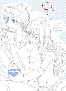 1boy 1girl blue_eyes blush breasts closed_eyes couple eating grin groin hair_down hetero hug hug_from_behind ikuhashi_muiko koujiro_frau long_hair loungewear monochrome navel no_shirt open_mouth robotics;notes science_adventure shirt short_hair short_shorts shorts small_breasts smile stomach translation_request yashio_kaito