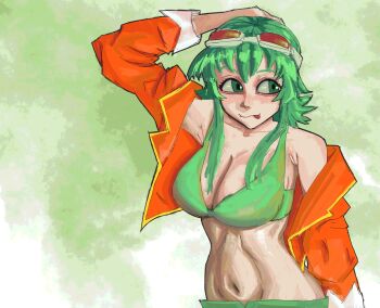 1girl absurdres armpit_peek breasts cleavage closed_mouth goggles goggles_on_head green_background green_hair green_sports_bra gumi hand_on_own_head hashtag-only_commentary hatsuno highres jacket large_breasts looking_to_the_side midriff navel open_clothes open_jacket orange_jacket red-tinted_eyewear short_hair_with_long_locks smile solo sports_bra tinted_eyewear tongue tongue_out upper_body vocaloid white-framed_eyewear