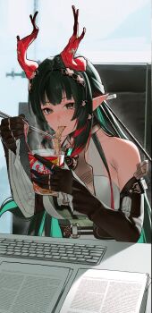 1girl arknights arknights:_endfield bare_shoulders black_gloves black_hair breasts chopsticks colored_inner_hair colored_tips commentary computer_keyboard dragon_horns eastern_dragon_horns eating english_commentary food gloves green_eyes green_hair hair_intakes hair_ornament highres holding holding_chopsticks holding_food horns indoors instant_cup_noodles instant_noodles long_hair looking_at_viewer lufi_ays medium_breasts multicolored_hair paper_stack pointy_ears red_horns solo zhuang_fangyi_(arknights)