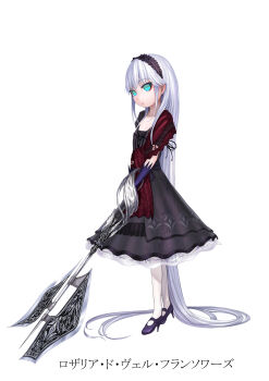 Rule 34 | 1girl, absurdly long hair, aqua eyes, axe, battle axe, black dress, dress, expressionless, flat chest, full body, gloves, hairband, high heels, highres, jishimaru, lolita hairband, long hair, looking at viewer, original, pantyhose, parted lips, simple background, solo, very long hair, weapon, white background, white pantyhose