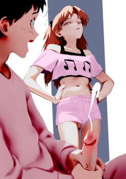 1boy 1girl blue_eyes brown_hair cari_(scari) caught cum ejaculation erection hands_on_own_hips highres ikari_shinji indoors long_hair looking_at_another male_masturbation masturbation midriff musical_note navel neon_genesis_evangelion no_panties parted_bangs penis pervert projectile_cum pussy short_hair short_shorts shorts souryuu_asuka_langley surprised uncensored unfinished upshorts voyeurism