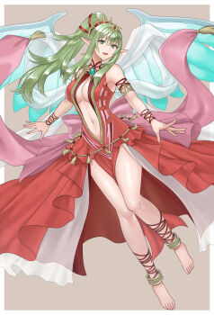 1girl absurdres alternate_costume anklet armlet armpits bare_shoulders barefoot breasts center_opening cleavage clothing_cutout commentary_request commission cosplay dragon_girl dragon_wings dress earrings fire_emblem fire_emblem:_mystery_of_the_emblem fire_emblem_awakening fire_emblem_heroes full_body green_eyes green_hair grey_background hair_ornament hazuki_(nyorosuke) highres jewelry large_breasts long_hair looking_at_viewer naga_(fire_emblem) naga_(fire_emblem)_(cosplay) naga_(ruler_of_dragons)_(fire_emblem) navel navel_cutout nintendo pendant plunging_neckline pointy_ears ponytail red_dress shawl simple_background skeb_commission smile solo stomach tiara tiki_(adult)_(fire_emblem) tiki_(fire_emblem) wings