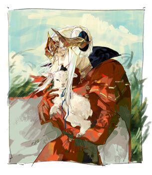 Rule 34 | 1girl, armor, baby animal, blonde hair, breasts, cape, carrying, chinese commentary, closed eyes, closed mouth, cloud, cloudy sky, collared cape, commentary request, double bun, dress, edelgard von hresvelg, edelgard von hresvelg (timeskip), fake horns, fire emblem, fire emblem: three houses, from side, grass, hair bun, happy, headpiece, high collar, highres, horns, lamb, light smile, medium breasts, nintendo, outdoors, red cape, red dress, ribbon, shade, sheep, shibiaoleyun, sitting, sky, solo, upper body