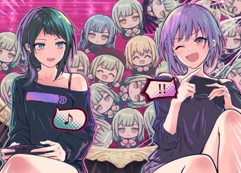 ! 5girls ave_mujica_(bang_dream!) bang_dream! bang_dream!_it's_mygo!!!!! beret black_gloves black_hair blonde_hair blue_eyes blue_hair bra_strap commentary_request controller doloris_(bang_dream!) game_controller gloves green_hair hat holding holding_controller holding_game_controller long_hair misumi_uika mortis_(bang_dream!) mortis_(costume)_(bang_dream!) mortis_(persona)_(bang_dream!) multiple_girls musical_note oblivionis_(bang_dream!) open_mouth pink_background pink_eyes purple_hair red_hat short_hair single_off_shoulder spoken_exclamation_mark spoken_musical_note sweatdrop togawa_sakiko wakaba_mutsumi yahata_umiri yellow_eyes yukitake_(bullfalk) yuutenji_nyamu