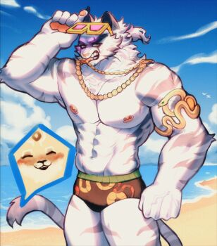 2boys abs absurdres animal_ears bara beach black_male_swimwear blue_sky blush claws clenched_hand closed_eyes cloud commentary dislyte english_commentary furry furry_male highres javid_(shamash)_(dislyte) jewelry jin_qiu_(ru_shou)_(dislyte) jin_qiu_(ru_shou)_(wild_python)_(dislyte) male_focus male_swimwear multiple_boys muscular muscular_male necklace necklace_in_mouth nipple_piercing nipples ocean pawpads pectorals piercing sky speech_bubble spoken_character sunglasses tail tiger_boy tiger_ears tiger_stripes tiger_tail topless_male turro0on