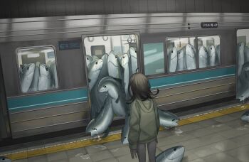 1other ahoge black_hair commentary crying dark_skin facing_away fish frown green_hoodie hand_grip highres hood hood_down hoodie original standing streaming_tears surreal symbol-only_commentary tactile_paving tears tensen_(dotted_line) train train_station_platform