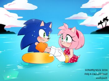 aalicjaa21 amy_rose bikini bikini_skirt blue_hair blush green_eyes highres holding_hands inflatable_armbands medium_hair nervous ocean pink_hair polka_dot polka_dot_bikini sega smile sonamy sonic_(series) sonic_the_hedgehog sweatdrop swimming swimsuit