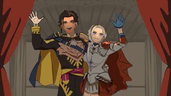 1boy 1girl armor breasts brown_hair capelet claude_von_riegan closed_mouth commentary couple dark-skinned_male dark_skin edelgard_von_hresvelg english_commentary fire_emblem fire_emblem:_three_houses fire_emblem_warriors:_three_hopes gloves green_eyes grey_background hair_slicked_back happy head_tilt headpiece highres hug_from_side indoors light_smile litten9art looking_at_viewer medium_breasts nintendo official_alternate_costume official_alternate_hairstyle open_mouth parted_bangs purple_eyes red_capelet spoilers standing teeth upper_body upper_teeth_only waving white_hair yellow_capelet