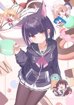 4girls absurdres after-school_sweets_club_(blue_archive) airi_(blue_archive) animal_ears black_hair black_jacket black_pantyhose blonde_hair blue_archive blush cat_ears chibi chibi_inset commentary cookie cupcake donut drink_carton food halo highres holding holding_food ice_cream ice_cream_cone jacket kazusa_(blue_archive) klaius long_hair long_sleeves macaron milk_carton multicolored_hair multiple_girls natsu_(blue_archive) pantyhose pink_hair pleated_skirt red_eyes sailor_collar school_uniform serafuku short_hair skirt solo_focus yoshimi_(blue_archive)
