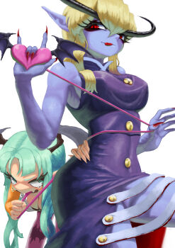 2girls absurdres animal_print bat_print bat_wings blonde_hair blue_skin colored_skin commentary darkstalkers demon_girl dress genderswap genderswap_(mtf) head_wings heart highres holding holding_heart jedah_dohma monster_girl morrigan_aensland multiple_girls nojob_hiro pantyhose red_eyes red_nails white_background wings