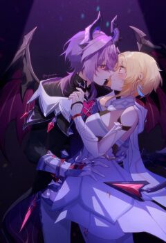 1boy 1girl bare_shoulders blonde_hair blush breasts closed_mouth commentary_request detached_sleeves dragon_boy dragon_horns dragon_wings dress genshin_impact gloves grey_pants hair_between_eyes hand_on_another&#039;s_back hand_on_another&#039;s_chest hetero highres horns imminent_kiss kykuma4 long_sleeves looking_at_another lumine_(genshin_impact) medium_breasts mini_durin_(genshin_impact) mini_durin_(human)_(genshin_impact) pants parted_lips purple_hair red_eyes short_hair_with_long_locks sleeveless sleeveless_dress spotlight twitter_username white_dress white_gloves white_sleeves wings yellow_eyes