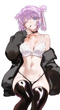 1girl absurdres black_choker black_jacket black_nails black_panties black_thighhighs bra braid braided_hair_rings breasts choker commentary foolish_potato hair_rings highres jacket looking_at_viewer medium_breasts nanakusa_nazuna_(yofukashi_no_uta) one_eye_closed panties pink_hair purple_eyes ringed_eyes simple_background sitting solo thick_eyelashes thighhighs underwear white_background white_bra yofukashi_no_uta