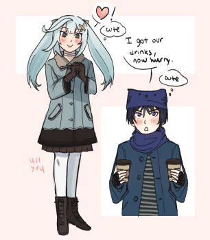 ! 1boy 1girl alternate_costume aqua_coat aqua_hair aqua_sleeves artist_name beanie black_gloves black_hair blue_coat blue_hat blue_scarf blue_sleeves blunt_ends blush brown_eyes brown_shoes brown_skirt center-flap_bangs choker clenched_hands coat contemporary couple cowlick cross-laced_shoes cup disposable_coffee_cup disposable_cup english_text eyelashes eyeliner eyeshadow faruzan_(genshin_impact) fingerless_gloves fur-trimmed_coat fur_collar fur_trim genshin_impact gloves hands_up hat heart hetero highres holding holding_cup long_hair long_sleeves looking_at_viewer looking_up makeup open_mouth own_hands_together pantyhose pink_background pleated_skirt purple_eyes red_eyeliner red_eyeshadow scaramouche_(genshin_impact) scarf shirt shoes sidelocks skirt speech_bubble spoken_exclamation_mark spoken_heart standing striped_clothes striped_shirt twintails uiiyru unbuttoned undershirt white_choker white_mouth white_pantyhose winter_clothes wispy_bangs