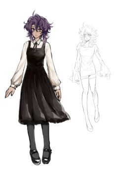 1girl ahoge black_dress black_shoes brown_eyes collared_shirt commentary dress english_commentary full_body hair_between_eyes highres long_sleeves looking_at_viewer mary_janes multiple_views open_mouth original pinafore_dress purple_hair shirt shoes short_hair simple_background sleeveless sleeveless_dress smile spurkj white_background white_shirt