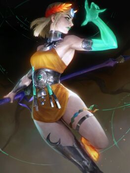 1girl ancient_greek_clothes asymmetrical_arms black_sclera blonde_hair bone colored_sclera dress glowing_arm greco-roman_clothes green_eyes green_lips hades_(series) hades_2 laurel_crown melinoe_(hades) mismatched_sclera orange_dress red_eyes see-through_body short_hair skeletal_arm solo thedurianart