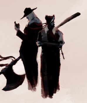 2boys axe bandages bandages_over_eyes bloodborne brushseven cloak closed_eyes coat father_gascoigne gloves hat highres holding holding_axe holding_weapon hunter_(bloodborne) long_coat long_hair male_focus mask mouth_mask multiple_boys scarf simple_background tricorne weapon white_hair